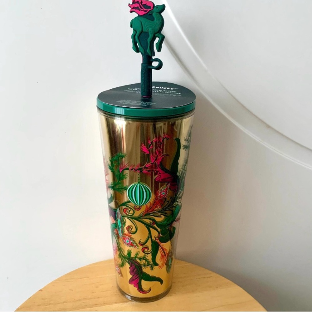 Starbucks Gold Tumbler with Green and Pink Accents